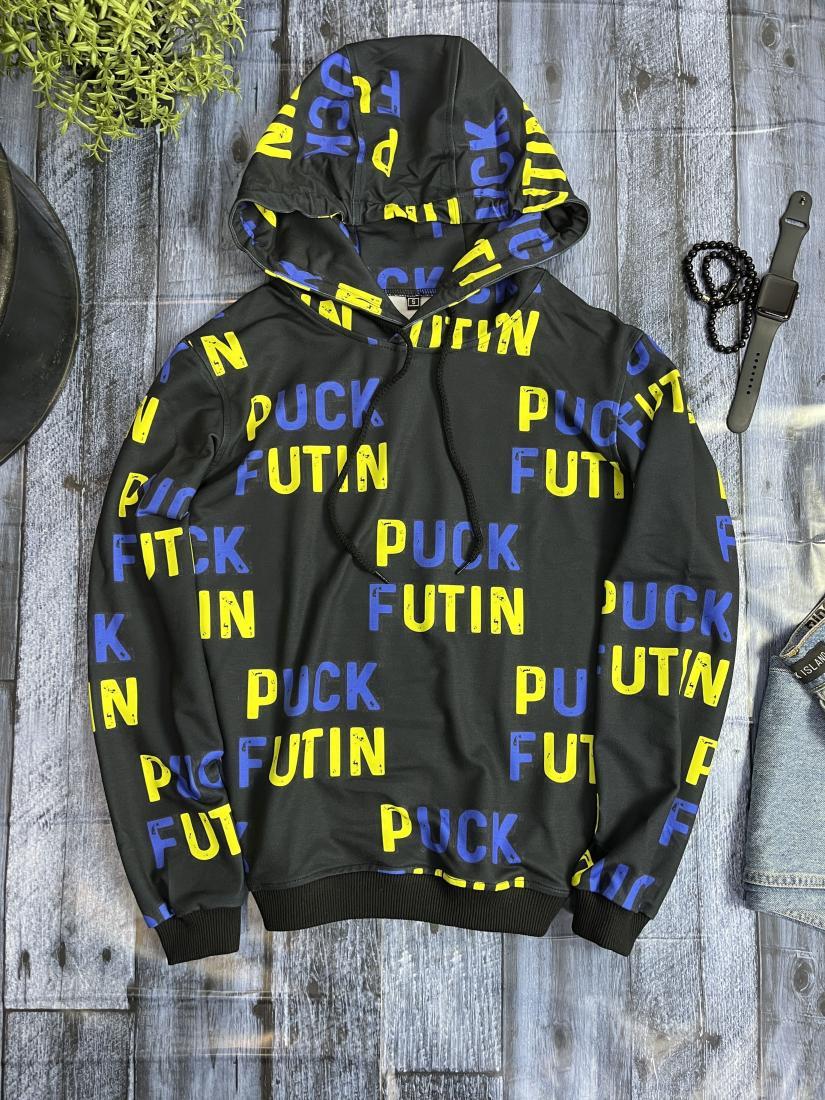 Патриотическое худи PUCK FUTIN мужское джинсовое черное всесезонное спортивное с принтом толстовка с капюшоном