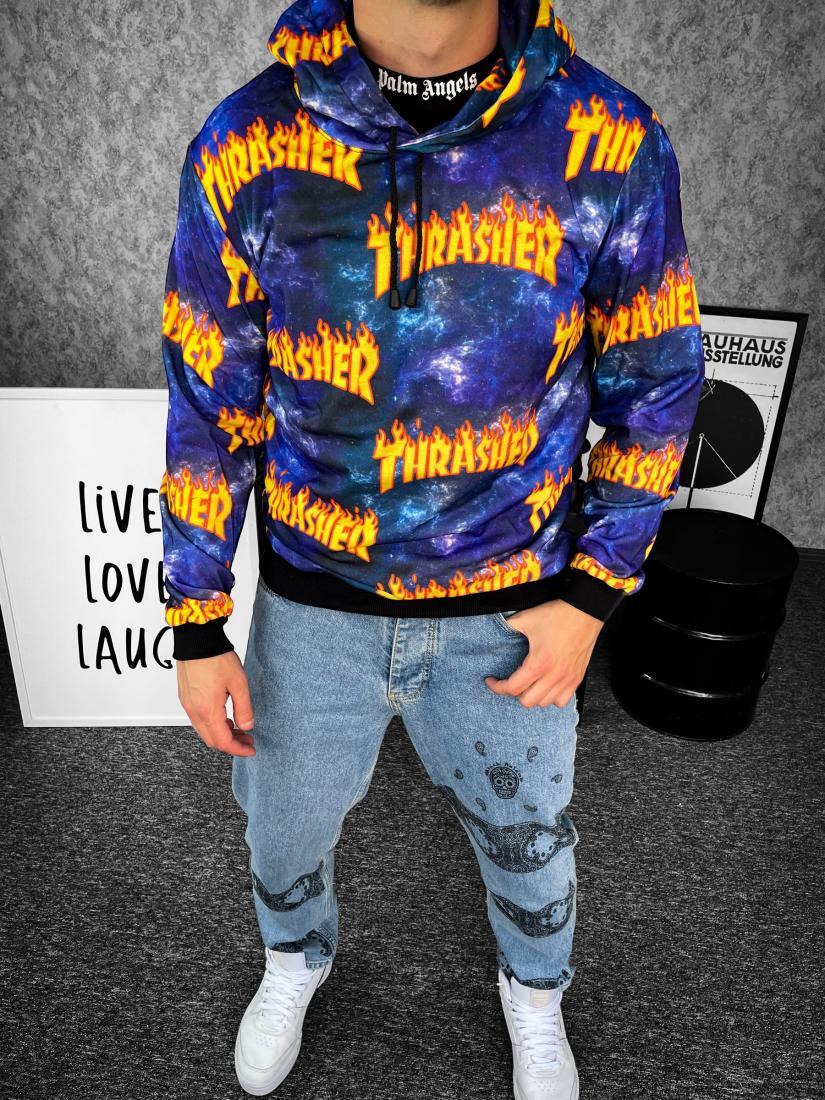 Стильное худи THRASHER мужское джинсовое синее всесезонное качественное и молодежное с капюшоном для отдыха